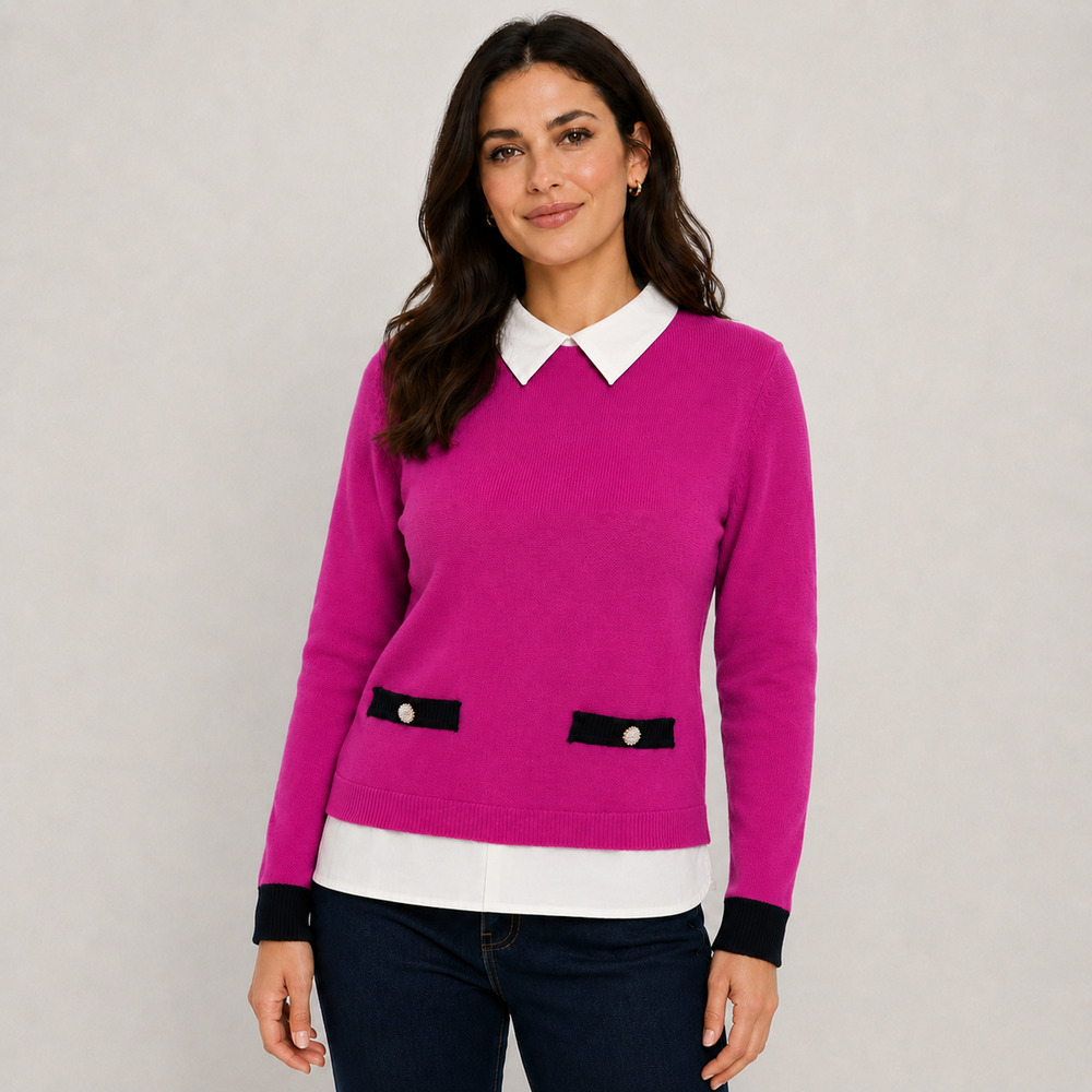 Karl Lagerfeld Layered Look Collared Sweater Womens Sz XL Pink Rhinestone